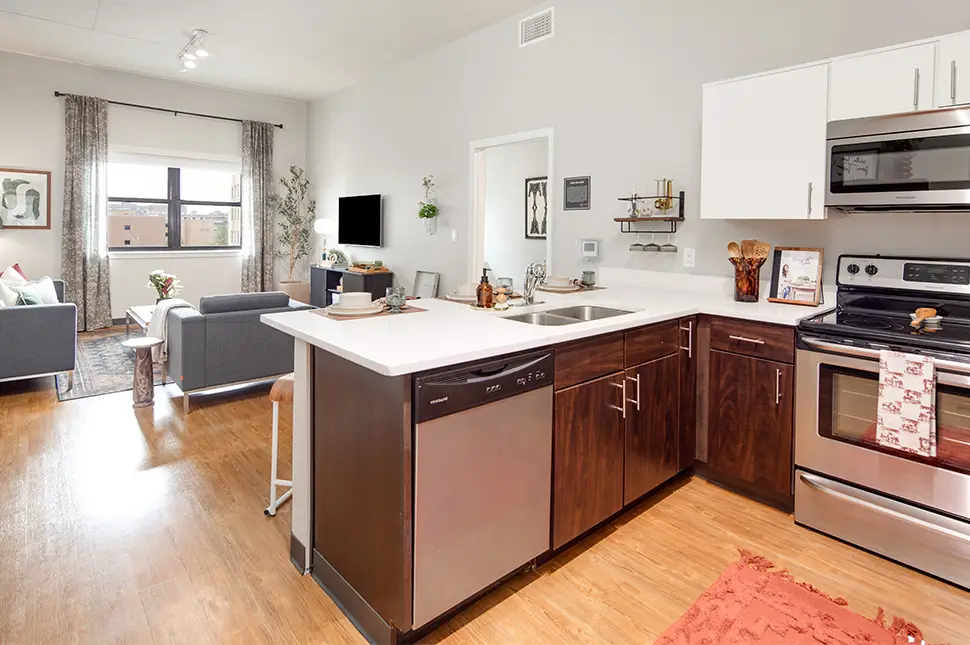 kitchen with a view of the living room